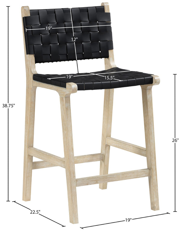 Meridian Furniture Entwine Woven Vegan Leather Art Deco Counter Stool with Cerused Wood Frame 77029Black-C