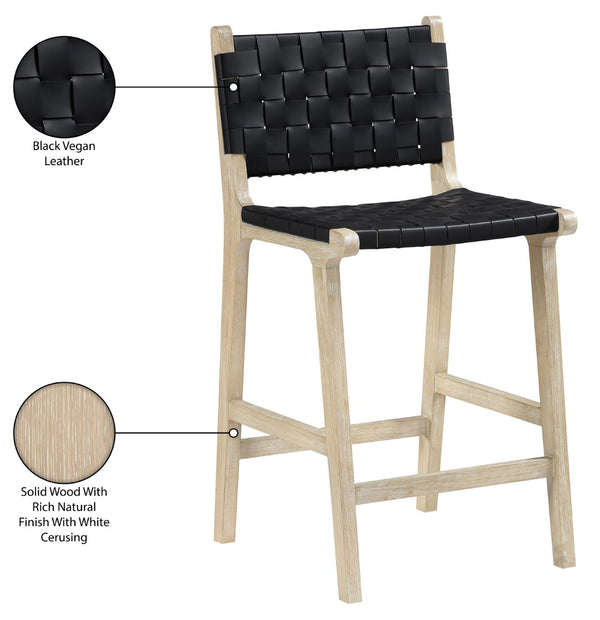 Meridian Furniture Entwine Woven Vegan Leather Art Deco Counter Stool with Cerused Wood Frame 77029Black-C