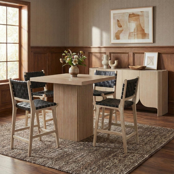Meridian Furniture Entwine Woven Vegan Leather Art Deco Counter Stool with Cerused Wood Frame 77029Black-C