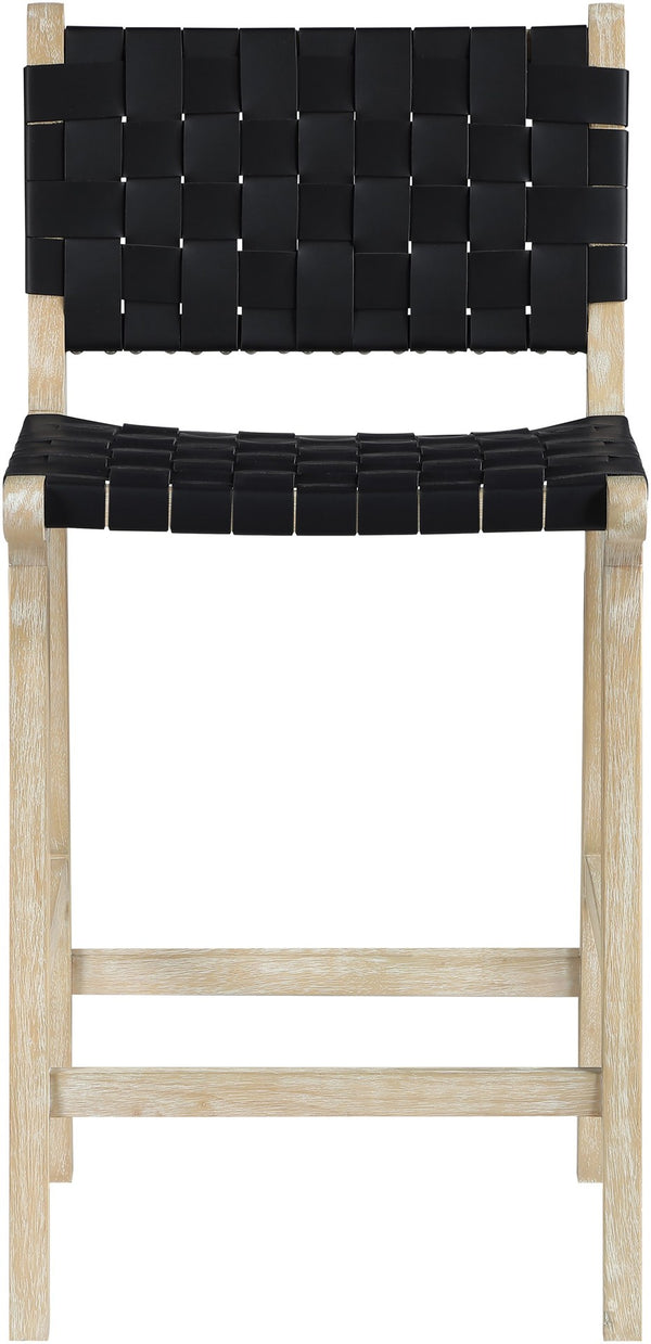 Meridian Furniture Entwine Woven Vegan Leather Art Deco Counter Stool with Cerused Wood Frame 77029Black-C