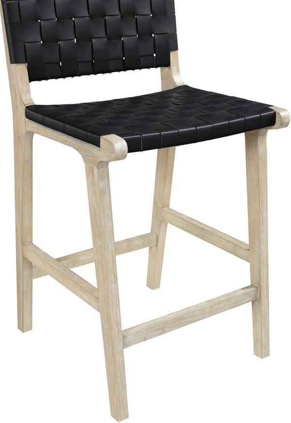 Meridian Furniture Entwine Woven Vegan Leather Art Deco Counter Stool with Cerused Wood Frame 77029Black-C