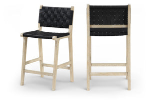 Meridian Furniture Entwine Woven Vegan Leather Art Deco Counter Stool with Cerused Wood Frame 77029Black-C