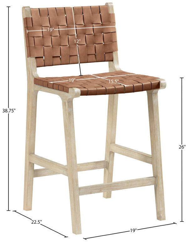 Meridian Furniture Entwine Woven Vegan Leather Counter Stool with Art Deco Cerused Wood Frame 77029Brown-C