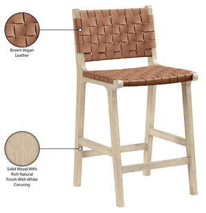 Meridian Furniture Entwine Woven Vegan Leather Counter Stool with Art Deco Cerused Wood Frame 77029Brown-C