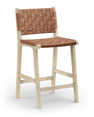 Meridian Furniture Entwine Woven Vegan Leather Counter Stool with Art Deco Cerused Wood Frame 77029Brown-C