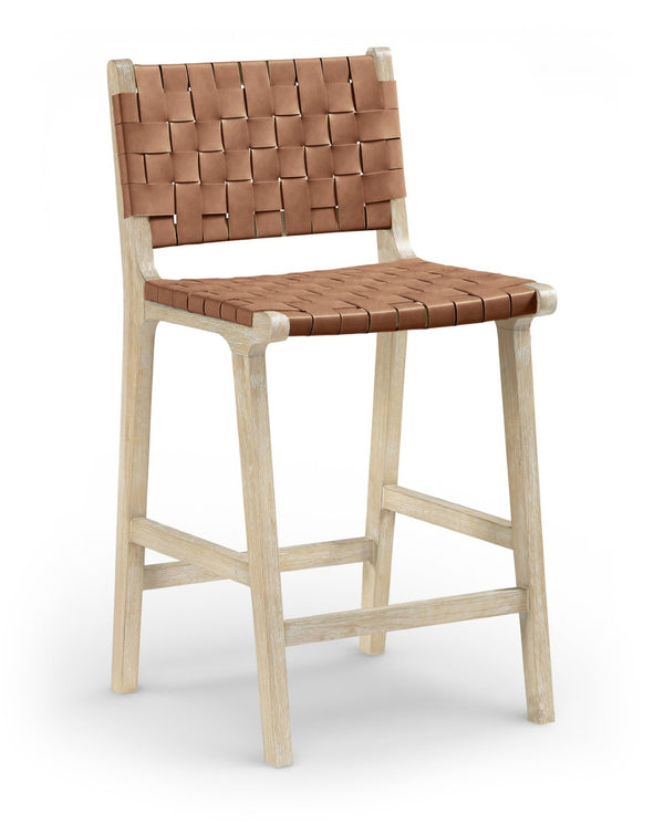 Meridian Furniture Entwine Woven Vegan Leather Counter Stool with Art Deco Cerused Wood Frame 77029Brown-C