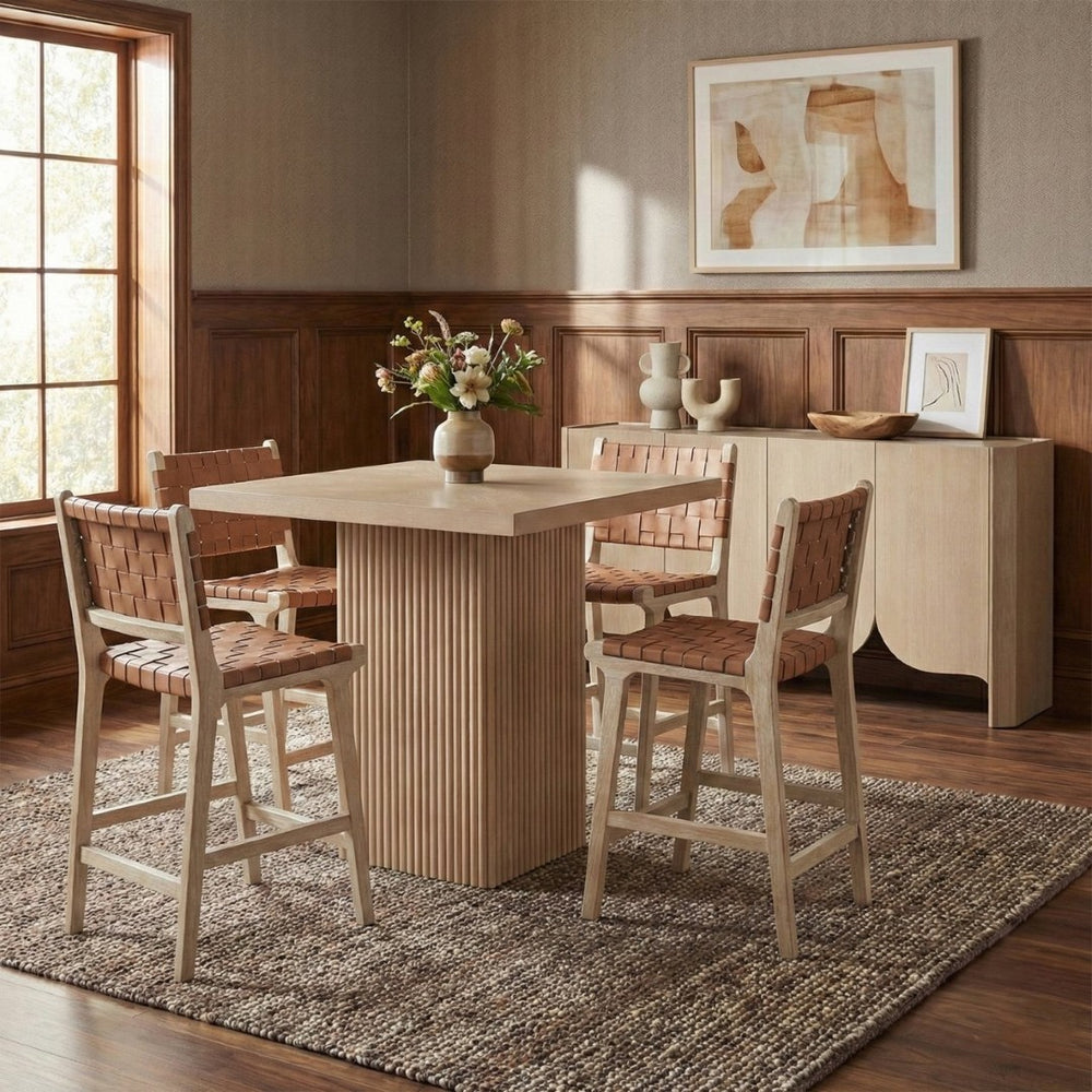 Meridian Furniture Entwine Woven Vegan Leather Counter Stool with Art Deco Cerused Wood Frame 77029Brown-C