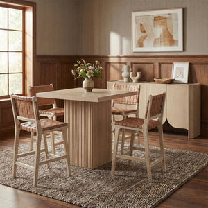 Meridian Furniture Entwine Woven Vegan Leather Counter Stool with Art Deco Cerused Wood Frame 77029Brown-C
