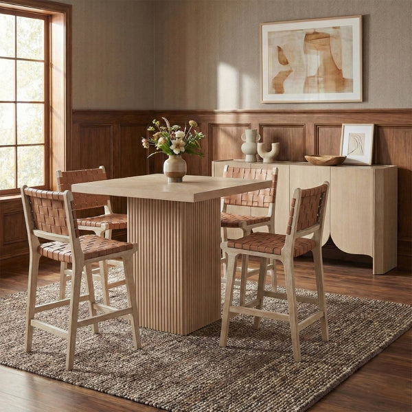 Meridian Furniture Entwine Woven Vegan Leather Counter Stool with Art Deco Cerused Wood Frame 77029Brown-C
