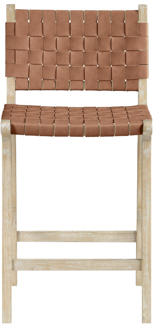 Meridian Furniture Entwine Woven Vegan Leather Counter Stool with Art Deco Cerused Wood Frame 77029Brown-C