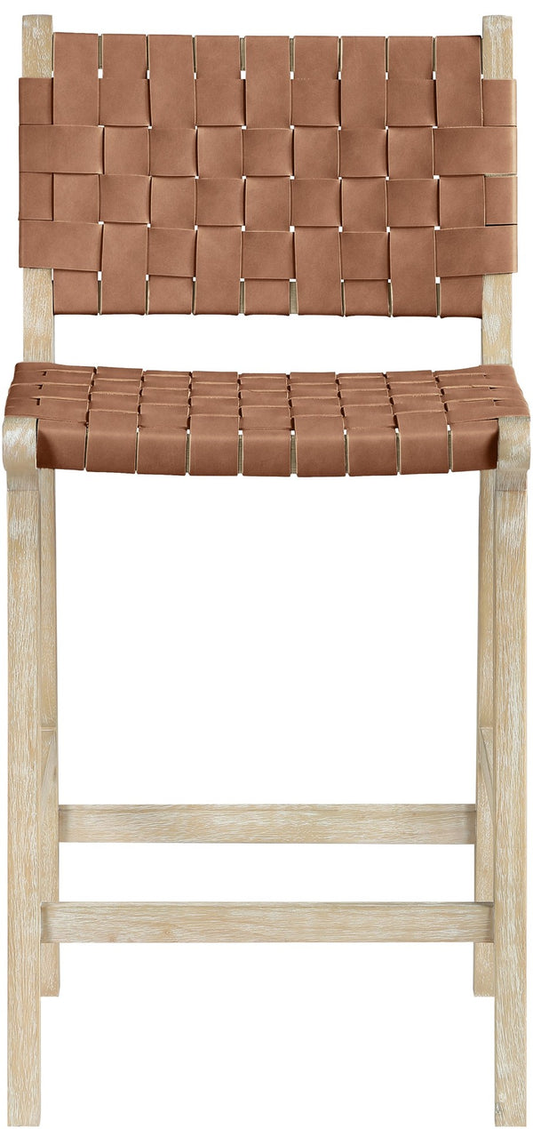 Meridian Furniture Entwine Woven Vegan Leather Counter Stool with Art Deco Cerused Wood Frame 77029Brown-C