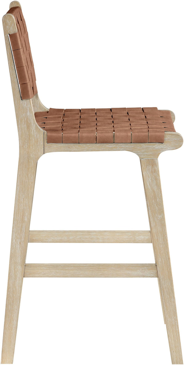 Meridian Furniture Entwine Woven Vegan Leather Counter Stool with Art Deco Cerused Wood Frame 77029Brown-C