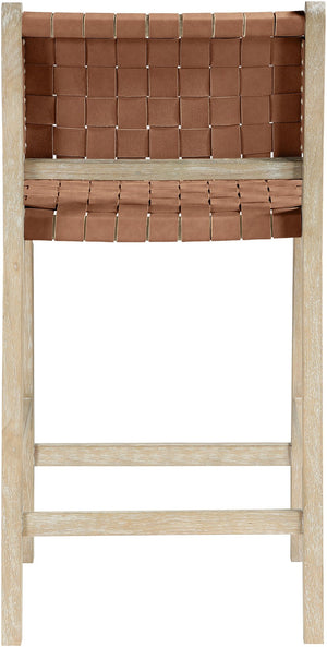 Meridian Furniture Entwine Woven Vegan Leather Counter Stool with Art Deco Cerused Wood Frame 77029Brown-C
