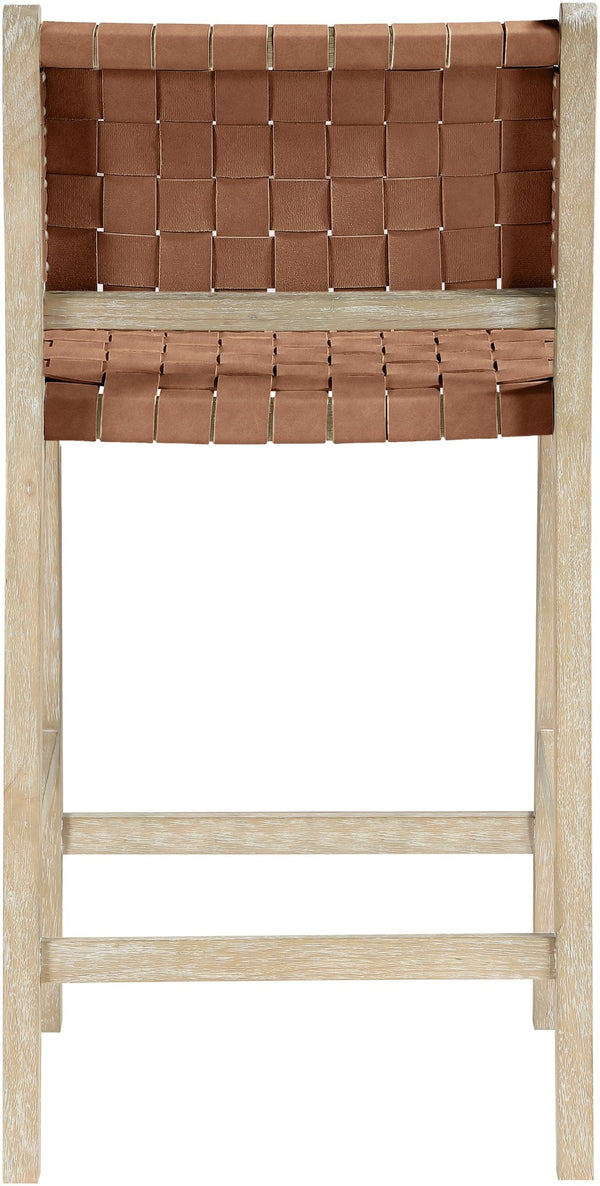 Meridian Furniture Entwine Woven Vegan Leather Counter Stool with Art Deco Cerused Wood Frame 77029Brown-C