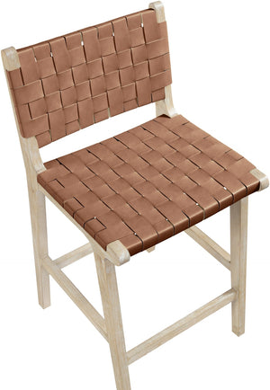 Meridian Furniture Entwine Woven Vegan Leather Counter Stool with Art Deco Cerused Wood Frame 77029Brown-C