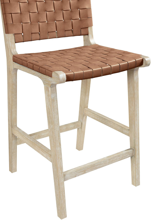 Meridian Furniture Entwine Woven Vegan Leather Counter Stool with Art Deco Cerused Wood Frame 77029Brown-C