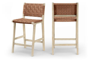 Meridian Furniture Entwine Woven Vegan Leather Counter Stool with Art Deco Cerused Wood Frame 77029Brown-C