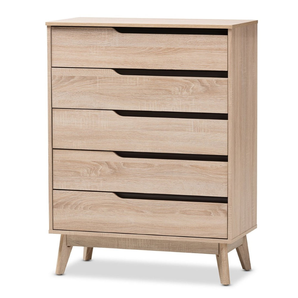 Baxton Studio Baxton Studio Fella Mid-Century Modern Two-Tone 5-Drawer Chest for Stylish Bedroom Storage Solutions FLCOD00806-Hana Oak/Dark Grey-5DW-Chest