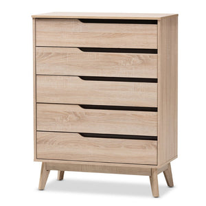 Baxton Studio Baxton Studio Fella Mid-Century Modern Two-Tone 5-Drawer Chest for Stylish Bedroom Storage Solutions FLCOD00806-Hana Oak/Dark Grey-5DW-Chest