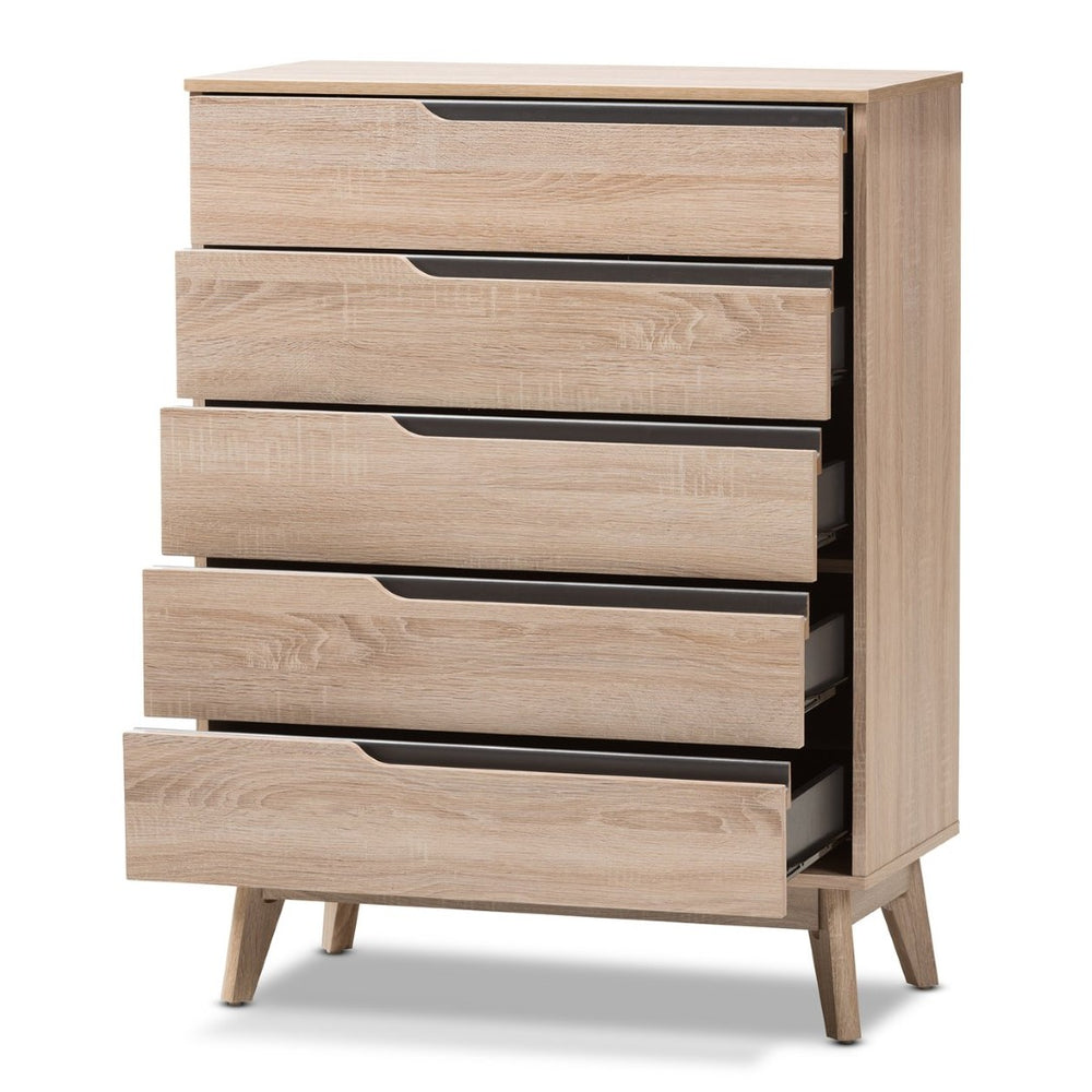 Baxton Studio Baxton Studio Fella Mid-Century Modern Two-Tone 5-Drawer Chest for Stylish Bedroom Storage Solutions FLCOD00806-Hana Oak/Dark Grey-5DW-Chest