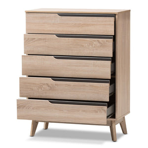 Baxton Studio Baxton Studio Fella Mid-Century Modern Two-Tone 5-Drawer Chest for Stylish Bedroom Storage Solutions FLCOD00806-Hana Oak/Dark Grey-5DW-Chest
