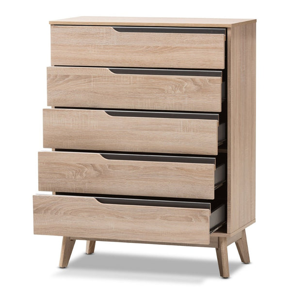 Baxton Studio Baxton Studio Fella Mid-Century Modern Two-Tone 5-Drawer Chest for Stylish Bedroom Storage Solutions FLCOD00806-Hana Oak/Dark Grey-5DW-Chest