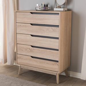 Baxton Studio Baxton Studio Fella Mid-Century Modern Two-Tone 5-Drawer Chest for Stylish Bedroom Storage Solutions FLCOD00806-Hana Oak/Dark Grey-5DW-Chest