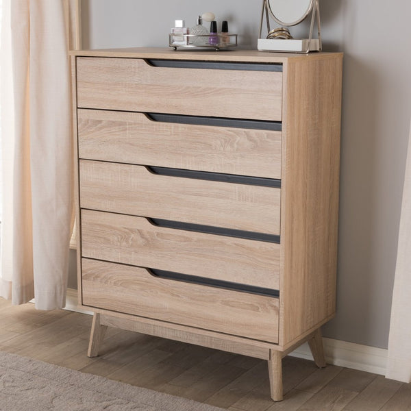Baxton Studio Baxton Studio Fella Mid-Century Modern Two-Tone 5-Drawer Chest for Stylish Bedroom Storage Solutions FLCOD00806-Hana Oak/Dark Grey-5DW-Chest