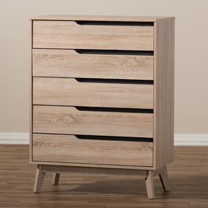 Baxton Studio Baxton Studio Fella Mid-Century Modern Two-Tone 5-Drawer Chest for Stylish Bedroom Storage Solutions FLCOD00806-Hana Oak/Dark Grey-5DW-Chest