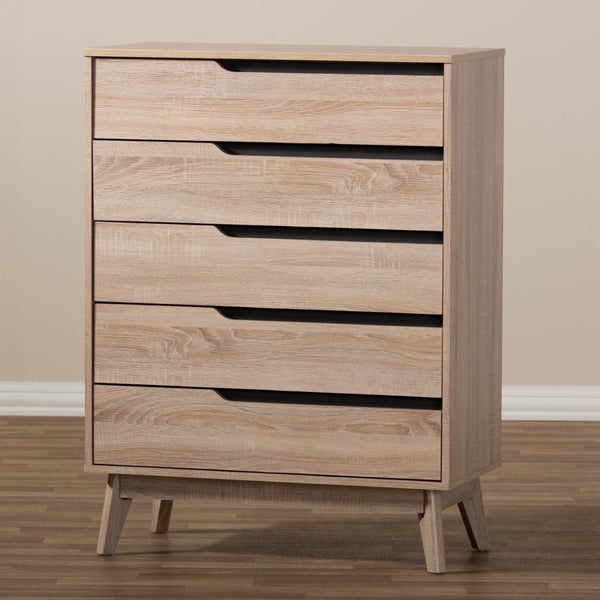 Baxton Studio Baxton Studio Fella Mid-Century Modern Two-Tone 5-Drawer Chest for Stylish Bedroom Storage Solutions FLCOD00806-Hana Oak/Dark Grey-5DW-Chest