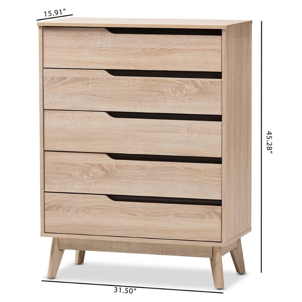 Baxton Studio Baxton Studio Fella Mid-Century Modern Two-Tone 5-Drawer Chest for Stylish Bedroom Storage Solutions FLCOD00806-Hana Oak/Dark Grey-5DW-Chest