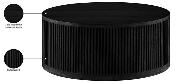 Meridian Furniture Madera Fluted Drum Round Oak Veneer Coffee Table with Caster Wheels for Bold Living Rooms Black 77031Black-CT