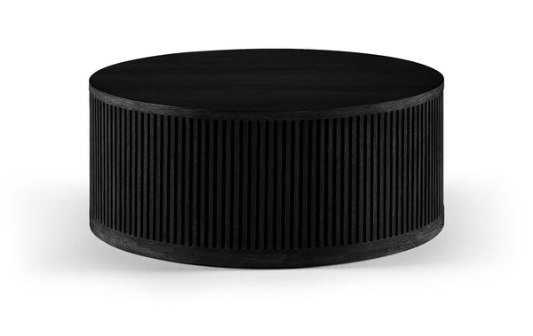 Meridian Furniture Madera Fluted Drum Round Oak Veneer Coffee Table with Caster Wheels for Bold Living Rooms Black 77031Black-CT