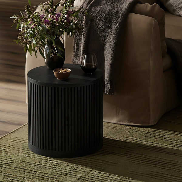 Meridian Furniture Madera Fluted Cylindrical Oak Veneer End Table with Art Deco Sculptural Style for Living Room Black 77031Black-ET