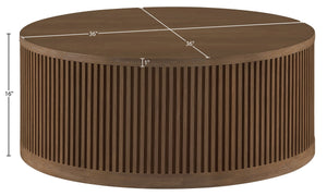 Meridian Furniture Madera Fluted Drum Round Oak Veneer Coffee Table with Caster Wheels for Bold Living Rooms Brown Walnut 77031Brown-CT