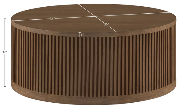 Meridian Furniture Madera Fluted Drum Round Oak Veneer Coffee Table with Caster Wheels for Bold Living Rooms Brown Walnut 77031Brown-CT