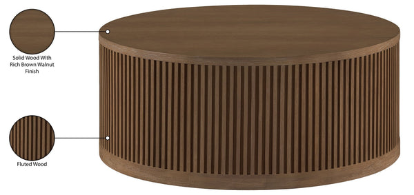 Meridian Furniture Madera Fluted Drum Round Oak Veneer Coffee Table with Caster Wheels for Bold Living Rooms Brown Walnut 77031Brown-CT
