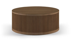 Meridian Furniture Madera Fluted Drum Round Oak Veneer Coffee Table with Caster Wheels for Bold Living Rooms Brown Walnut 77031Brown-CT