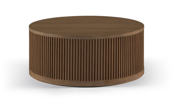 Meridian Furniture Madera Fluted Drum Round Oak Veneer Coffee Table with Caster Wheels for Bold Living Rooms Brown Walnut 77031Brown-CT