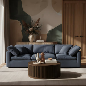 Meridian Furniture Madera Fluted Drum Round Oak Veneer Coffee Table with Caster Wheels for Bold Living Rooms Brown Walnut 77031Brown-CT