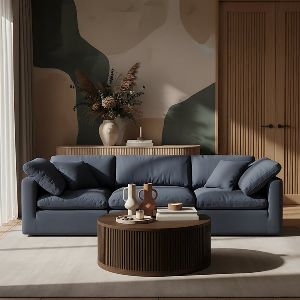 Meridian Furniture Madera Fluted Drum Round Oak Veneer Coffee Table with Caster Wheels for Bold Living Rooms Brown Walnut 77031Brown-CT