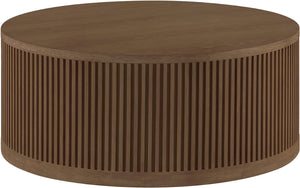 Meridian Furniture Madera Fluted Drum Round Oak Veneer Coffee Table with Caster Wheels for Bold Living Rooms Brown Walnut 77031Brown-CT