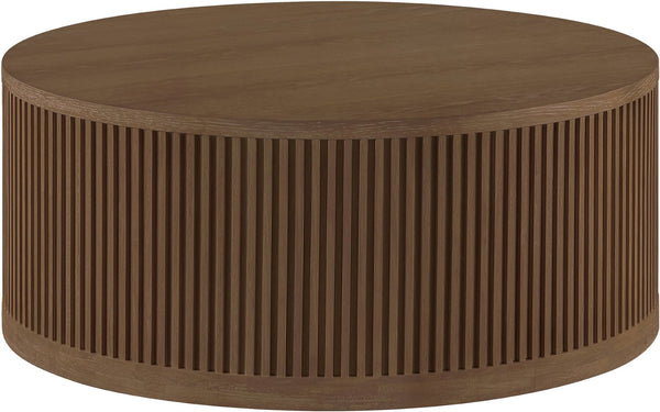 Meridian Furniture Madera Fluted Drum Round Oak Veneer Coffee Table with Caster Wheels for Bold Living Rooms Brown Walnut 77031Brown-CT