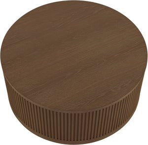 Meridian Furniture Madera Fluted Drum Round Oak Veneer Coffee Table with Caster Wheels for Bold Living Rooms Brown Walnut 77031Brown-CT