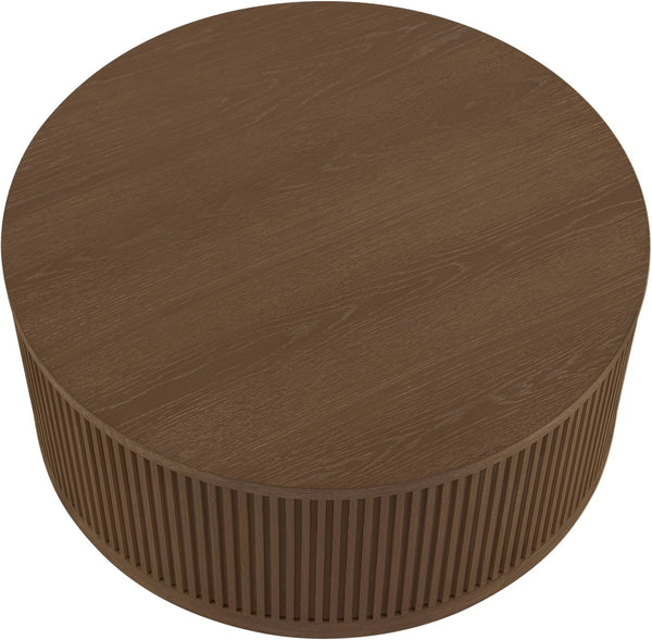 Meridian Furniture Madera Fluted Drum Round Oak Veneer Coffee Table with Caster Wheels for Bold Living Rooms Brown Walnut 77031Brown-CT