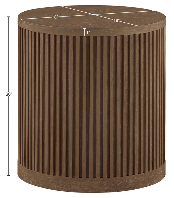Meridian Furniture Madera Fluted Cylindrical Oak Veneer End Table with Art Deco Sculptural Style for Living Room Brown Walnut 77031Brown-ET