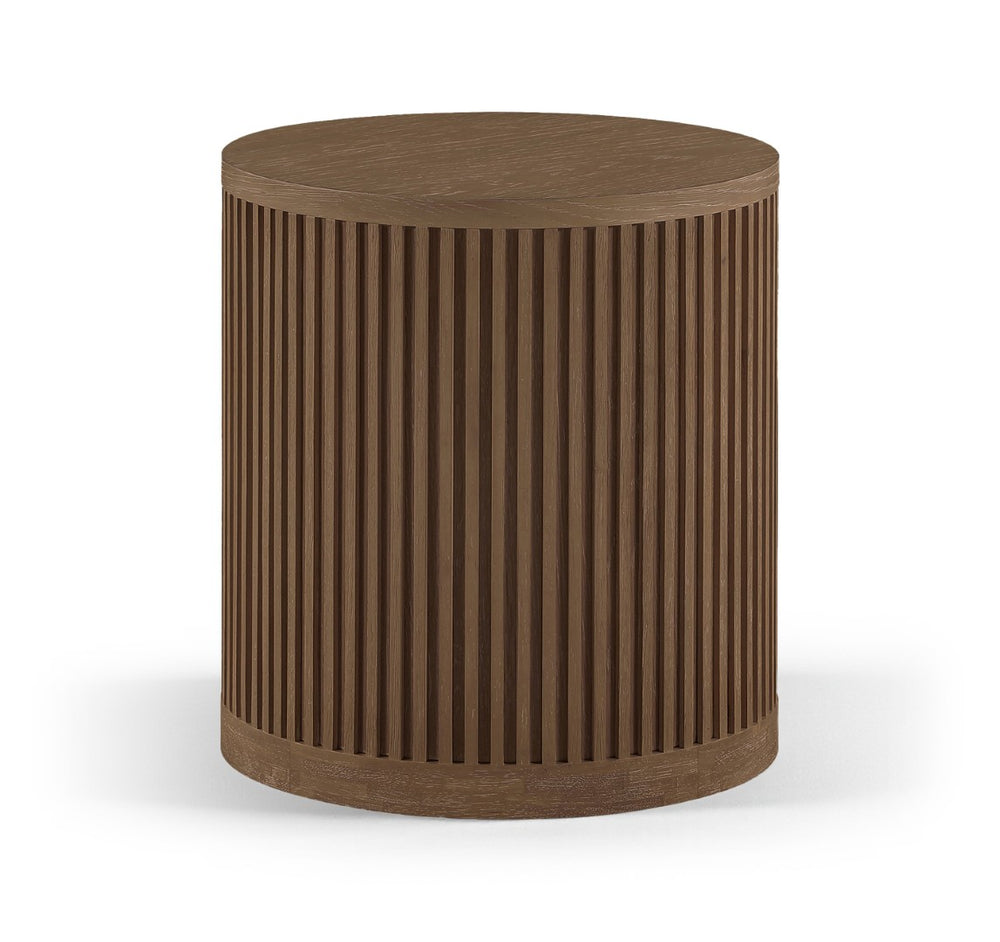 Meridian Furniture Madera Fluted Cylindrical Oak Veneer End Table with Art Deco Sculptural Style for Living Room Brown Walnut 77031Brown-ET