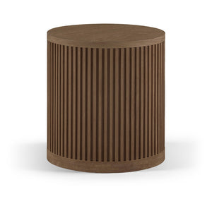 Meridian Furniture Madera Fluted Cylindrical Oak Veneer End Table with Art Deco Sculptural Style for Living Room Brown Walnut 77031Brown-ET