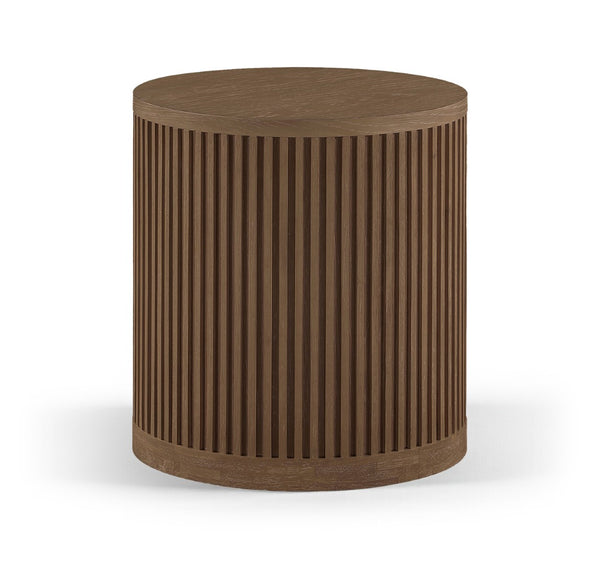 Meridian Furniture Madera Fluted Cylindrical Oak Veneer End Table with Art Deco Sculptural Style for Living Room Brown Walnut 77031Brown-ET