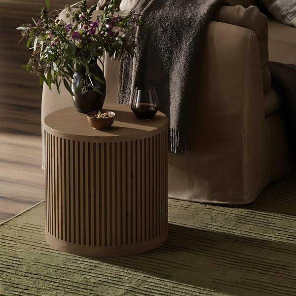 Meridian Furniture Madera Fluted Cylindrical Oak Veneer End Table with Art Deco Sculptural Style for Living Room Brown Walnut 77031Brown-ET